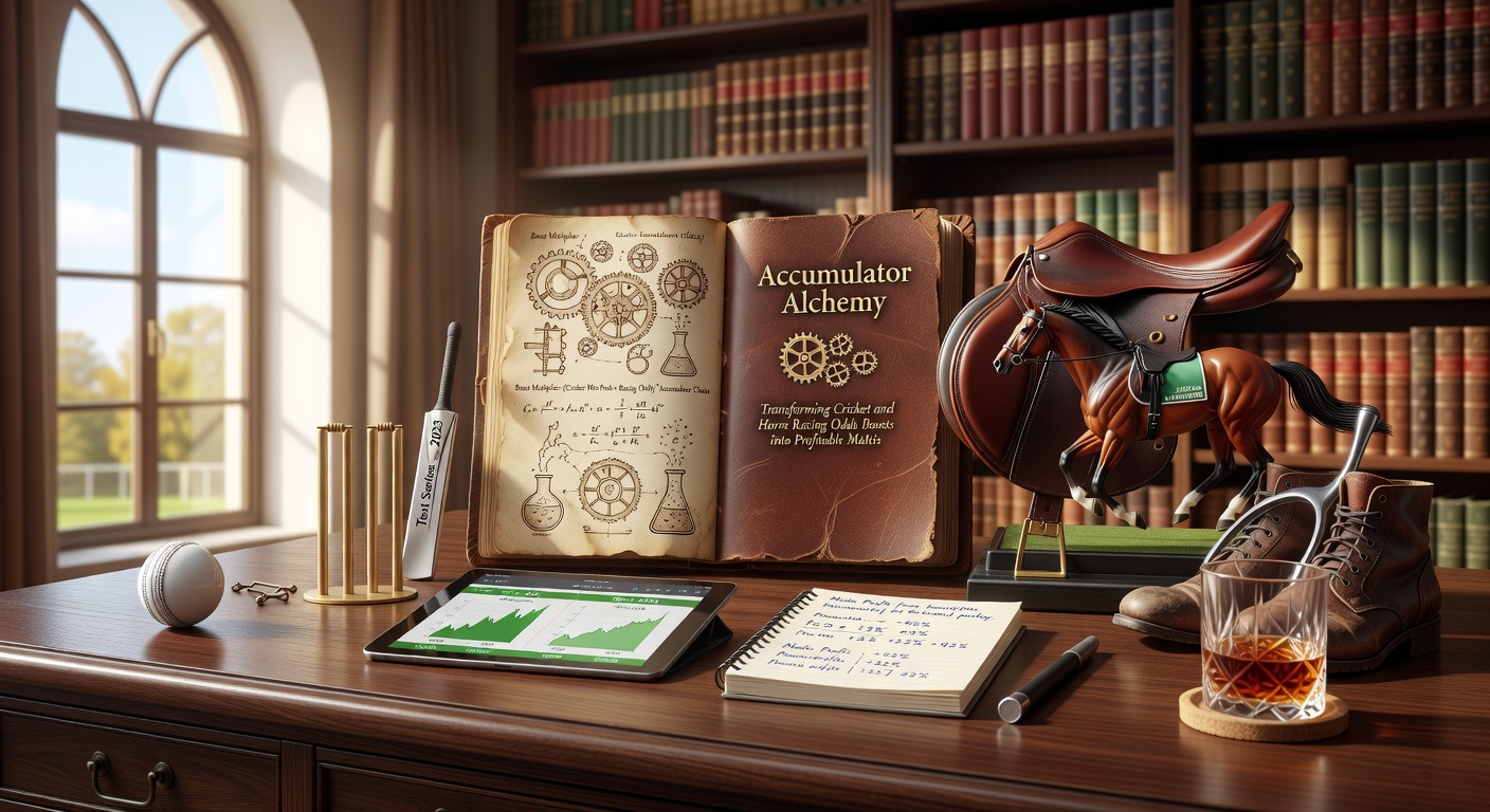 Cricket match with overlaid accumulator bet graphics and horse racing odds boosts highlighted, showing multis in action