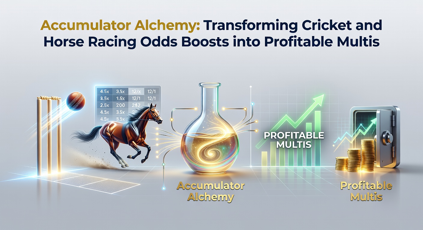Dynamic split image of horse racing finish line with odds boosts and cricket accumulator payout charts, illustrating cross-sport multi potential