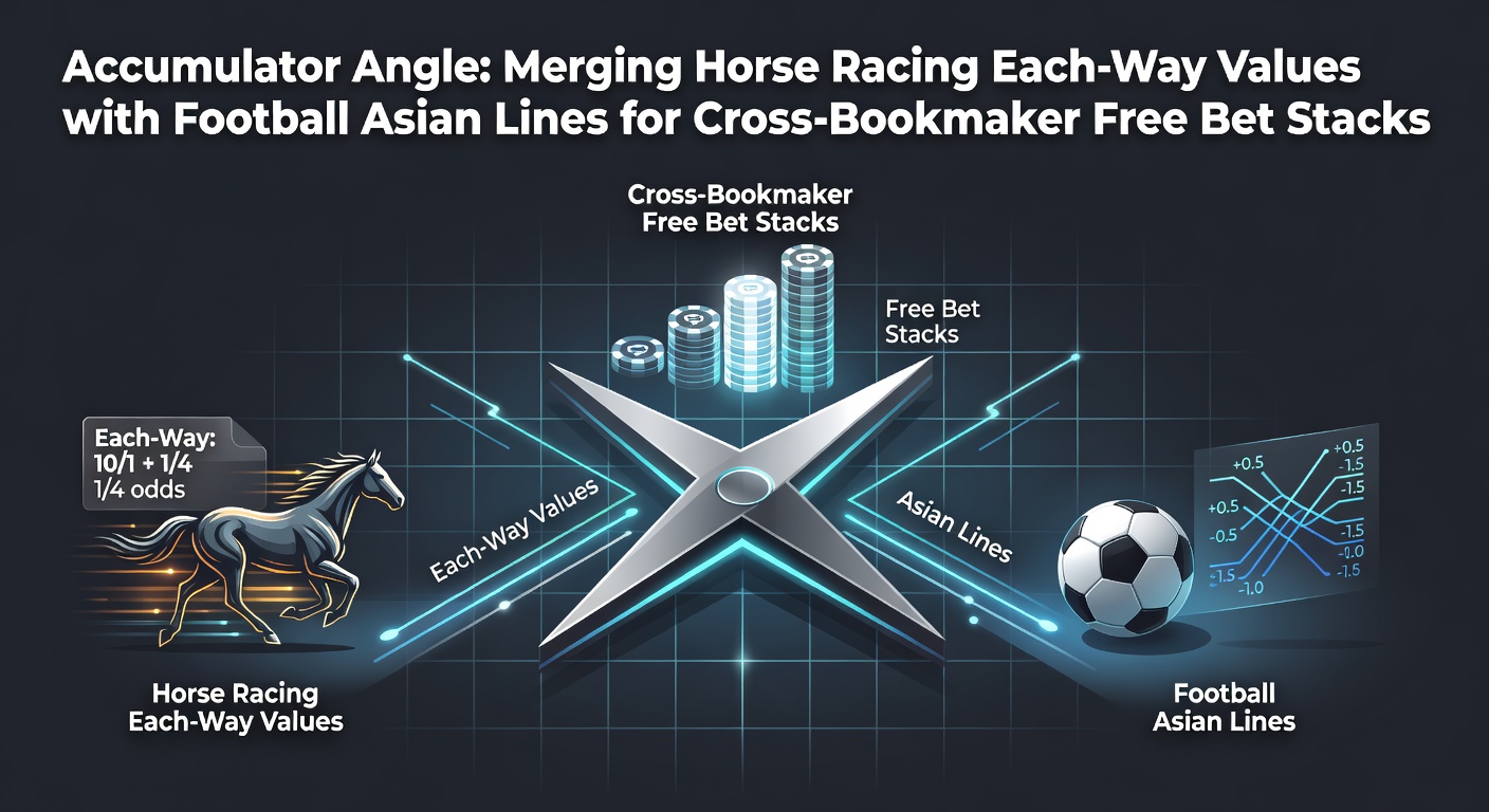 Horse racing each-way bet slip overlaid with football Asian handicap lines from multiple bookmakers, illustrating cross-market stacking for free bets