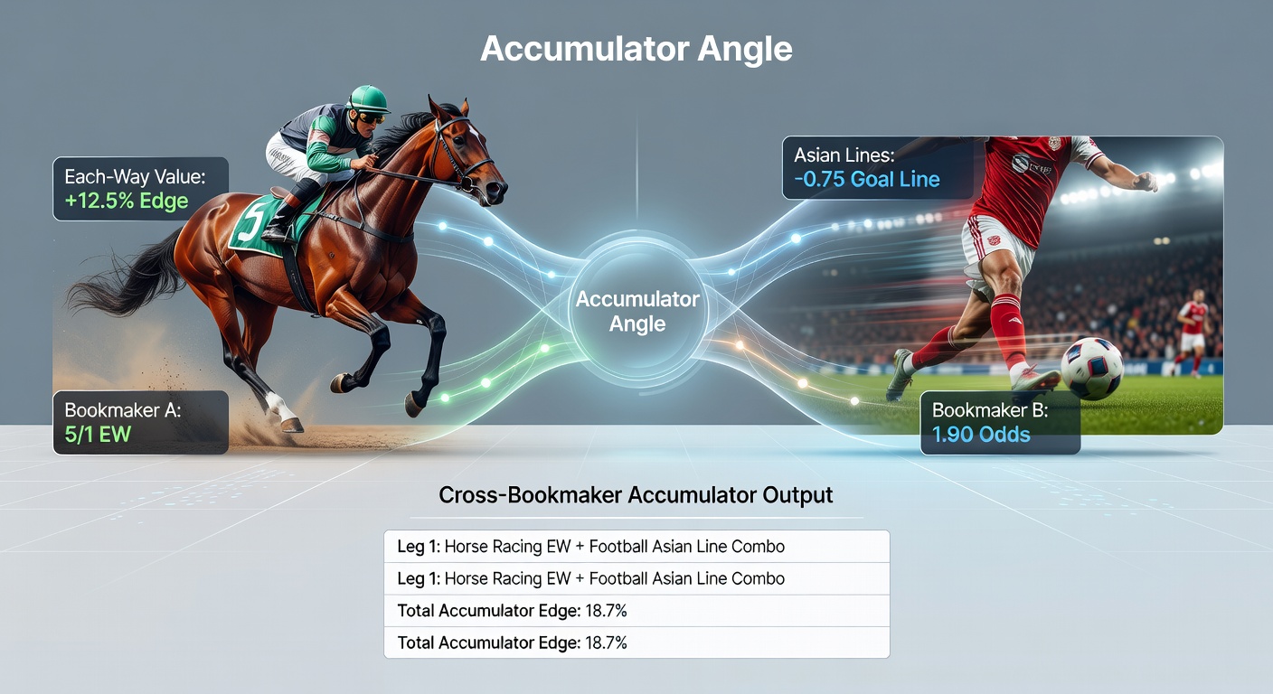 Split-screen view of a bookmaker app showing stacked accumulator with horse each-way and football Asian line selections, free bet icons highlighted