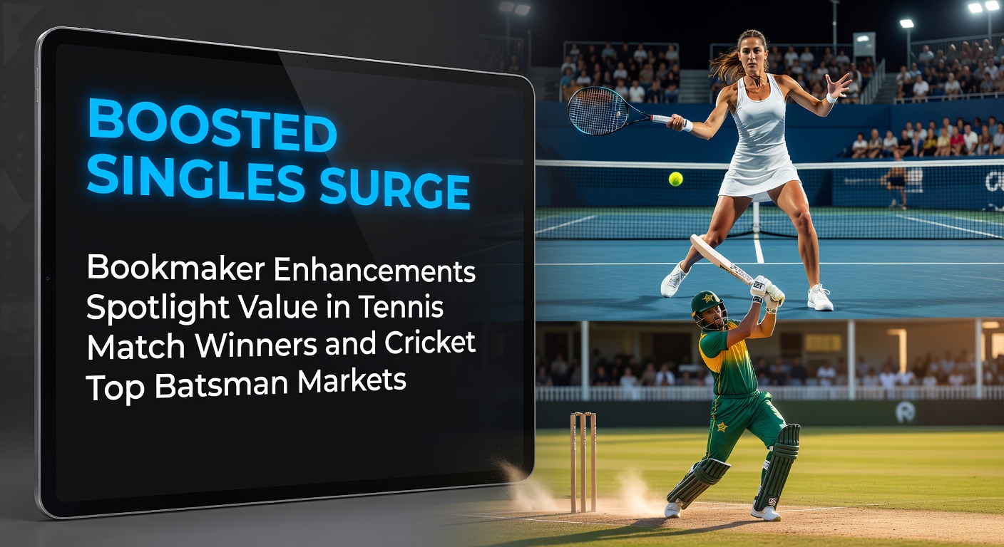 Dynamic display of bookmaker-enhanced odds overlays on a tennis court during a high-stakes match winner bet, highlighting boosted singles value