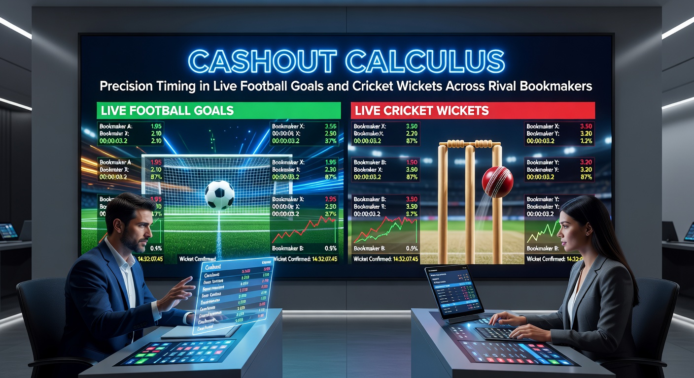 Live football match with players celebrating a goal, overlayed with bookmaker cashout buttons showing fluctuating odds