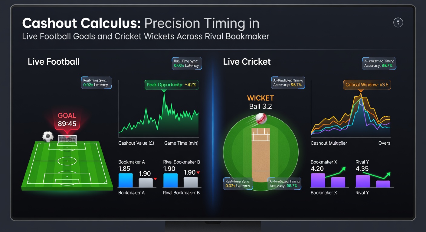 Cricket wicket celebration with bowler appealing, surrounded by split-screen bookmaker interfaces displaying live cashout options