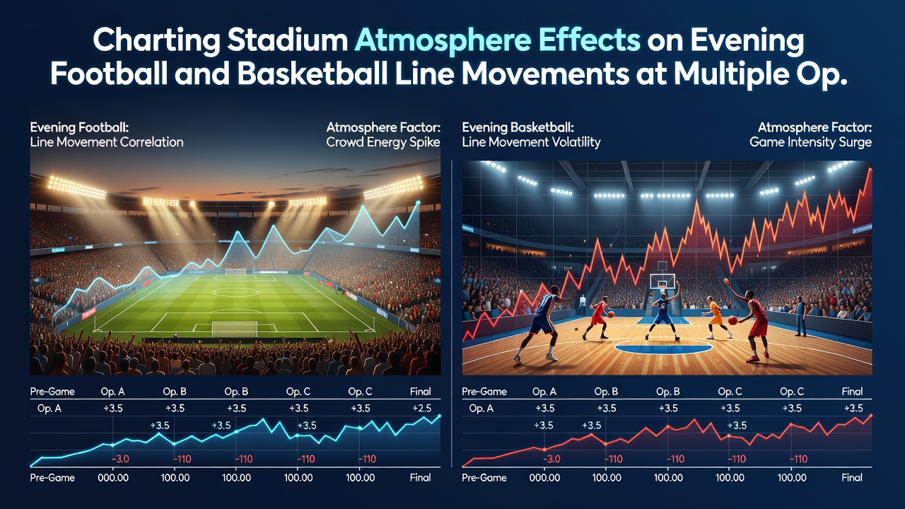 Basketball arena at night with overlaid odds movement graphs from multiple bookmakers