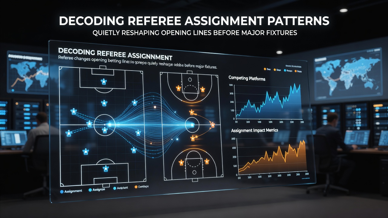 Referee assignment charts overlaid on football and basketball betting line movements across bookmaker platforms