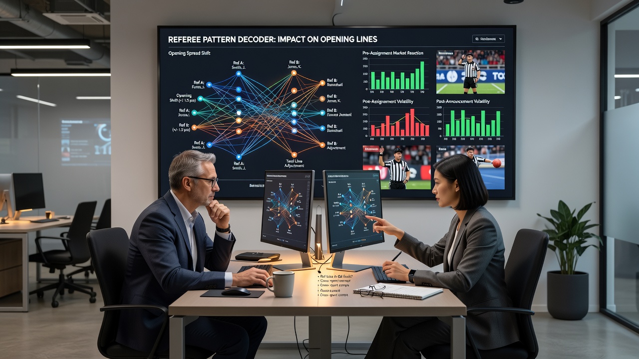 Basketball and football referee profiles displayed alongside live odds comparison tables on multiple bookmaker interfaces