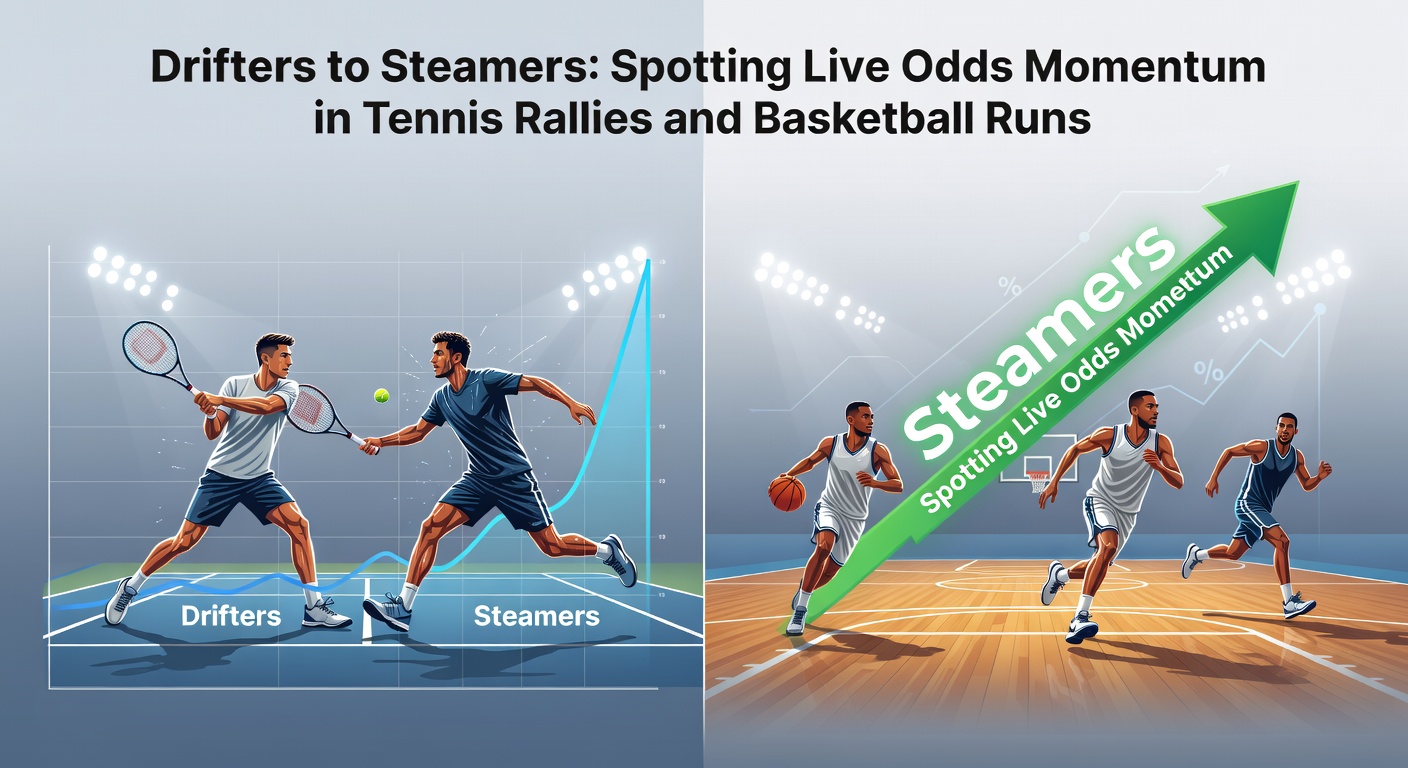 Intense basketball run in progress, with overlaid graphics showing odds steaming from drifter status during a scoring streak