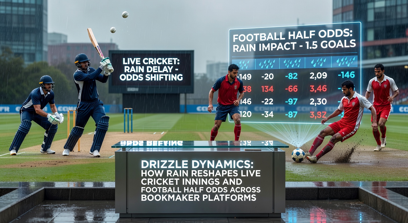 Rain-soaked cricket pitch during a live innings with players huddled, bookmaker odds screen in foreground showing shifting lines