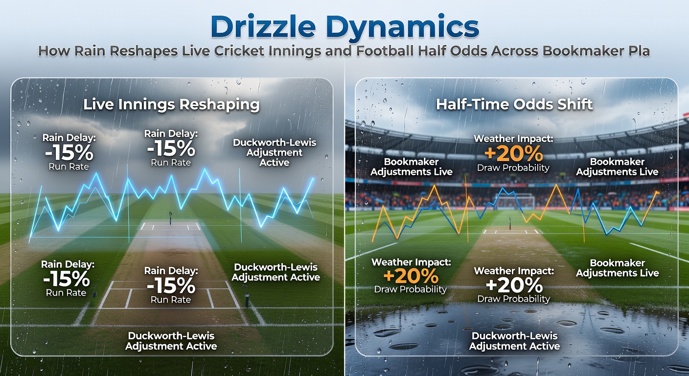 Football players sliding on wet pitch during a rainy half, overlaid with bookmaker live odds fluctuating for goals and innings progress