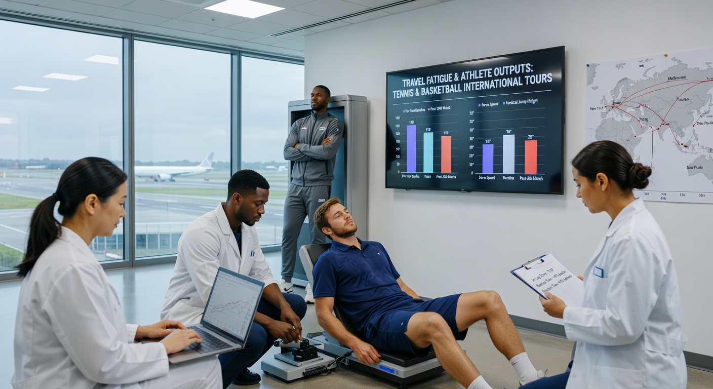 Tennis player resting courtside after long-haul flight during international tournament