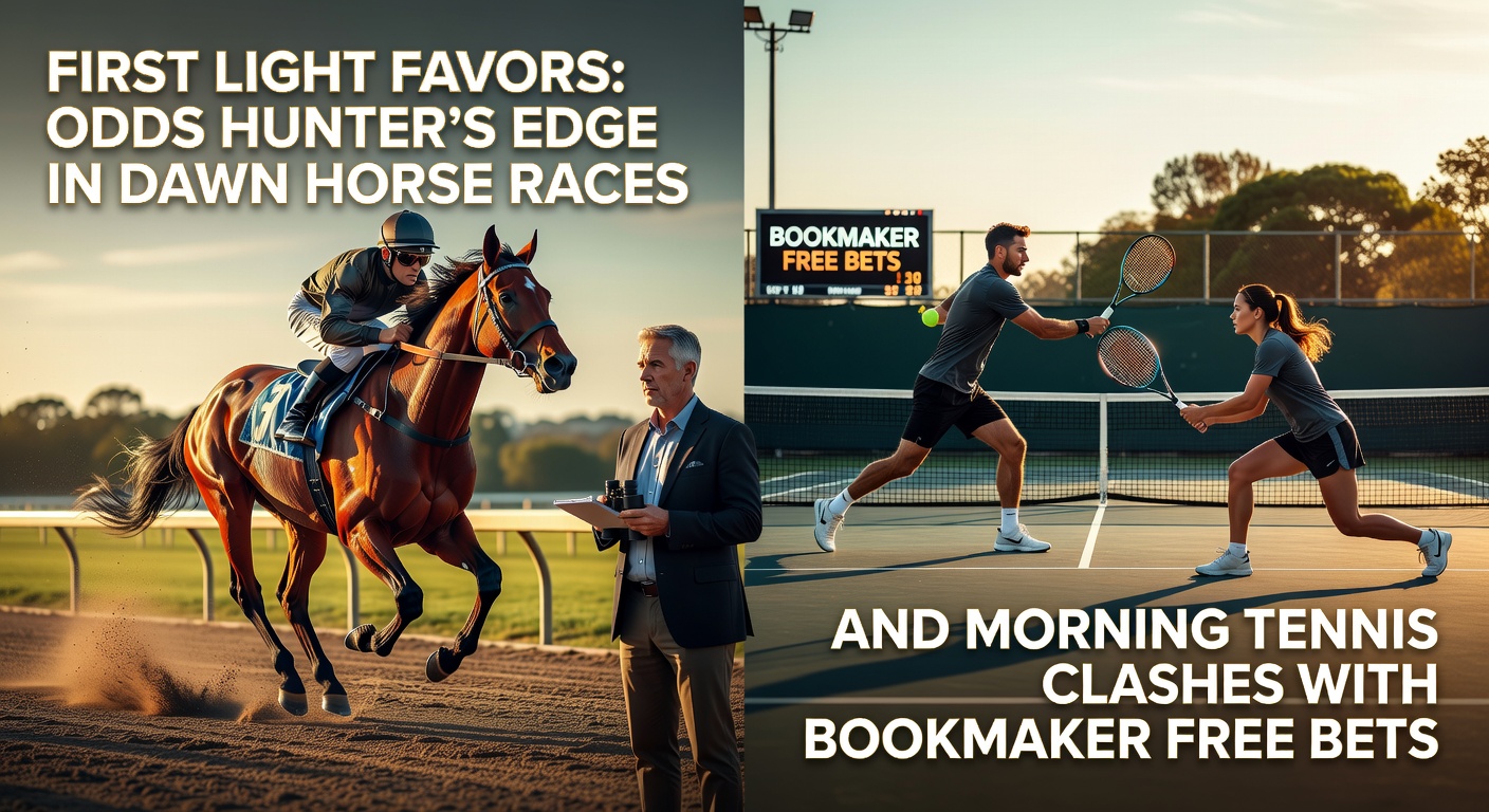 A dawn horse race under early morning light with jockeys charging down the track, capturing the fresh start of odds hunting opportunities