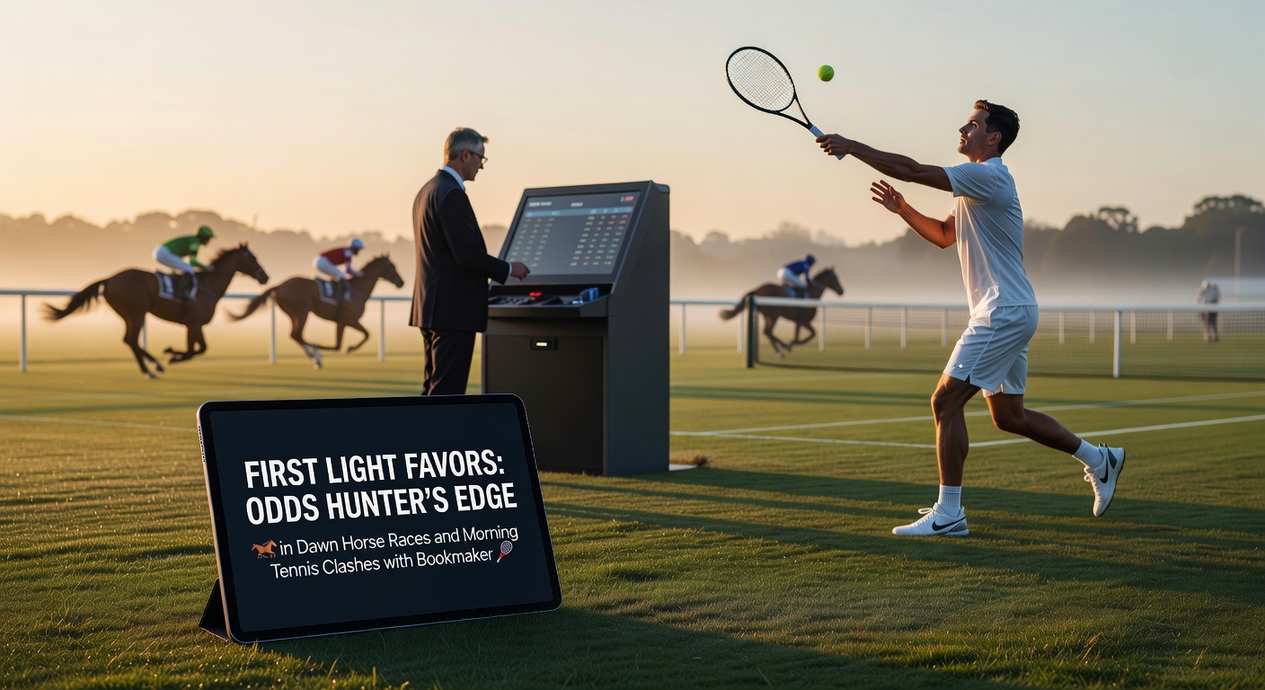 Morning tennis match on a sunlit court with players in intense rally, highlighting the dynamic odds shifts in early clashes