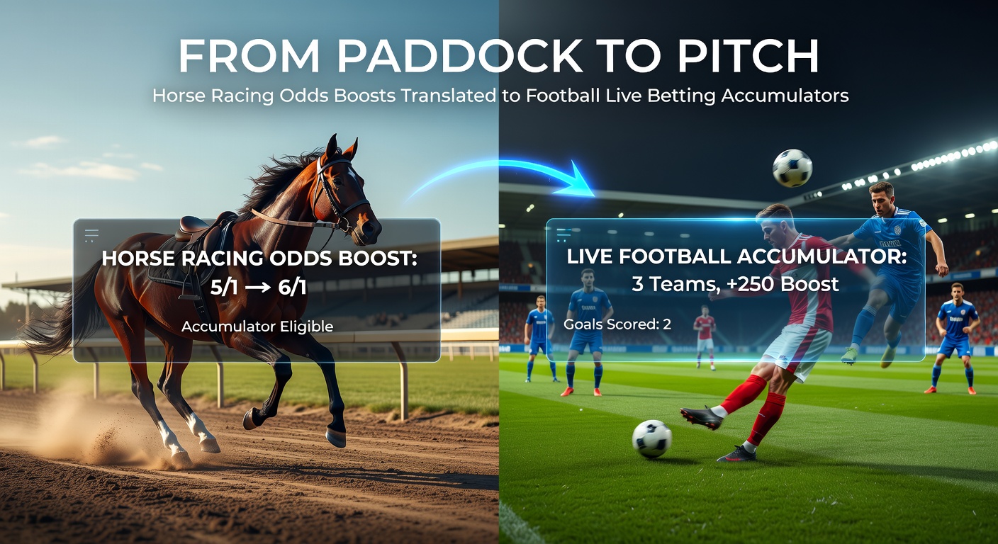Horse racing paddock scene transitioning to a vibrant football pitch with overlaid betting odds graphics