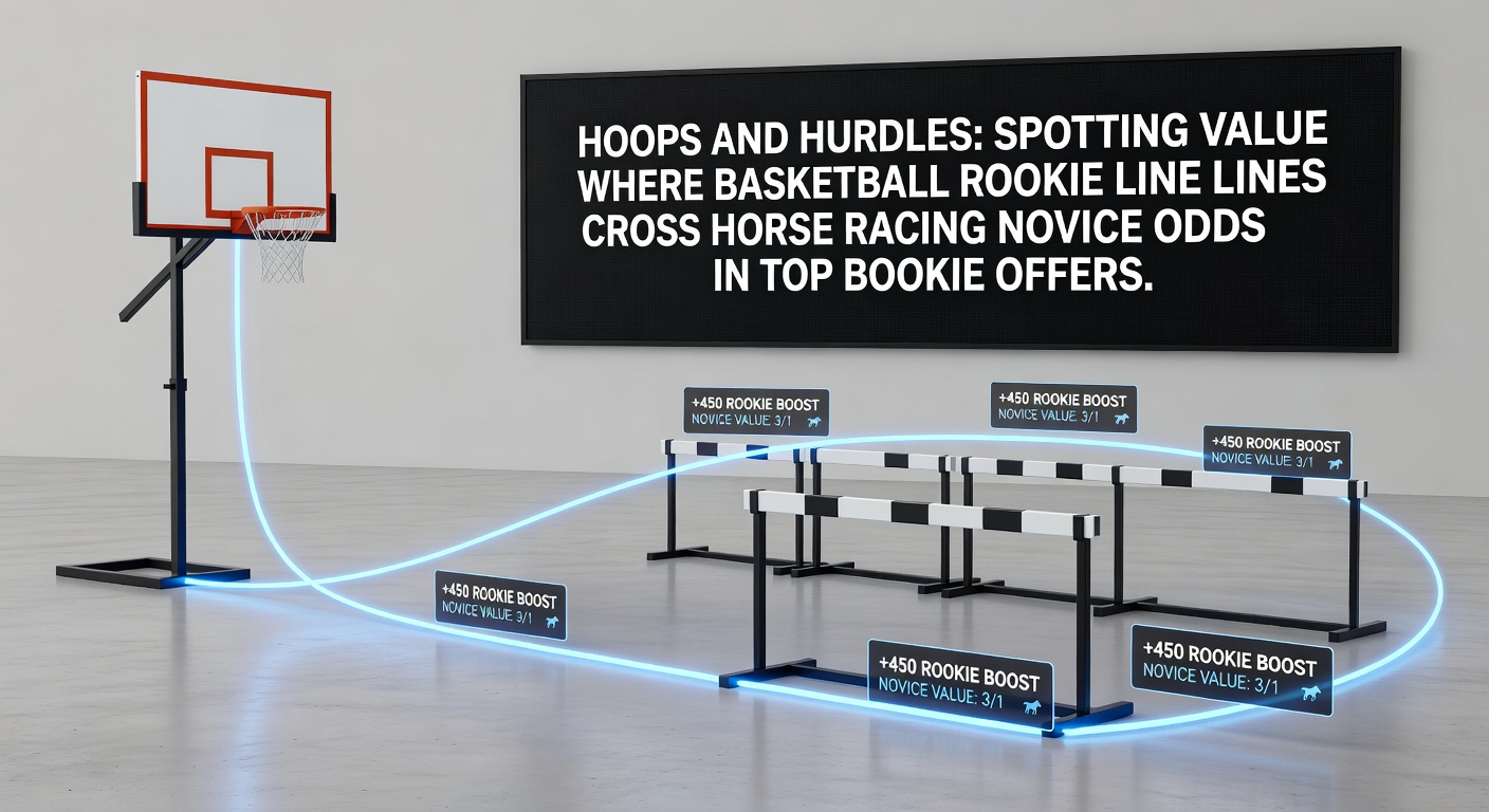 Basketball rookie making a jump shot while a young racehorse hurdles a fence in the background, symbolizing the crossover between NBA props and novice racing odds