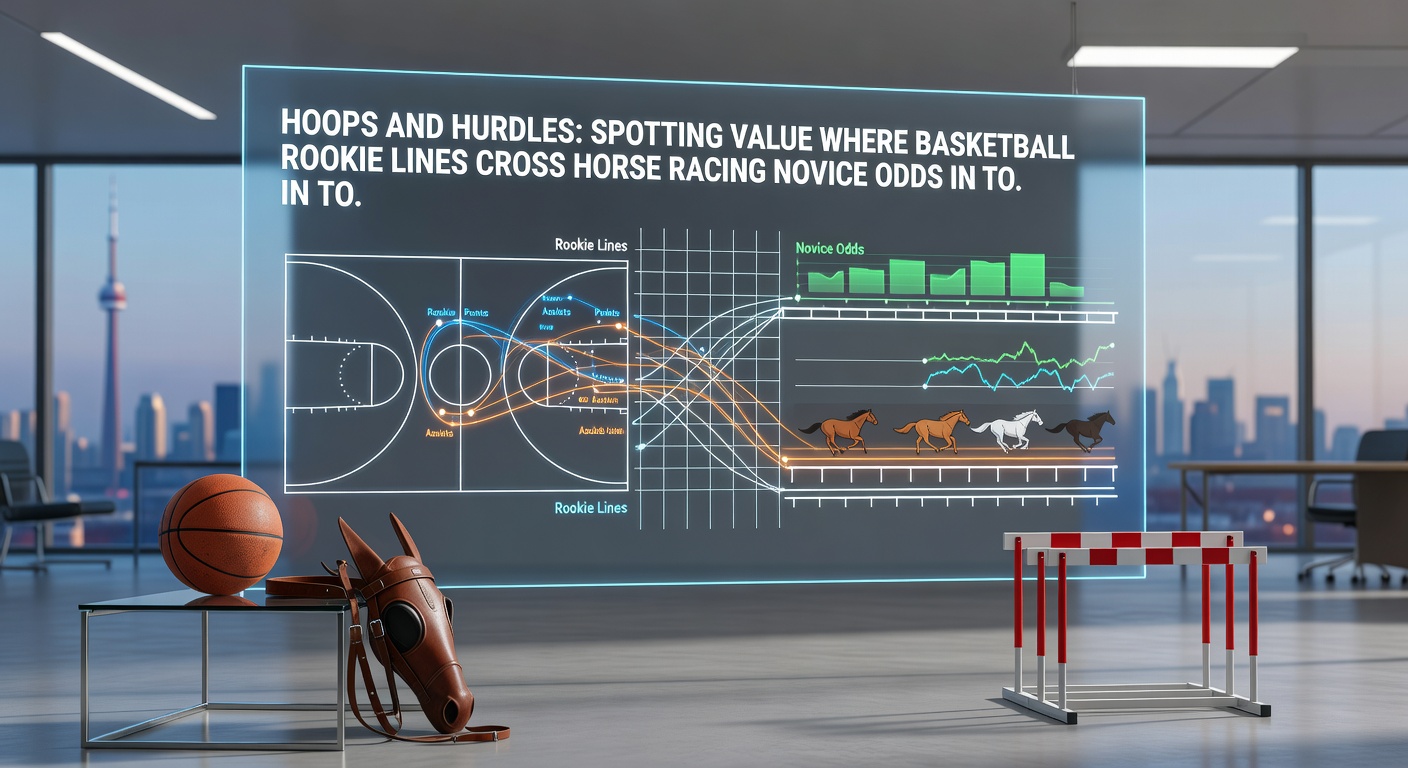 Close-up of a novice horse clearing a hurdle at high speed, overlaid with NBA rookie stat graphics, highlighting odds value intersections