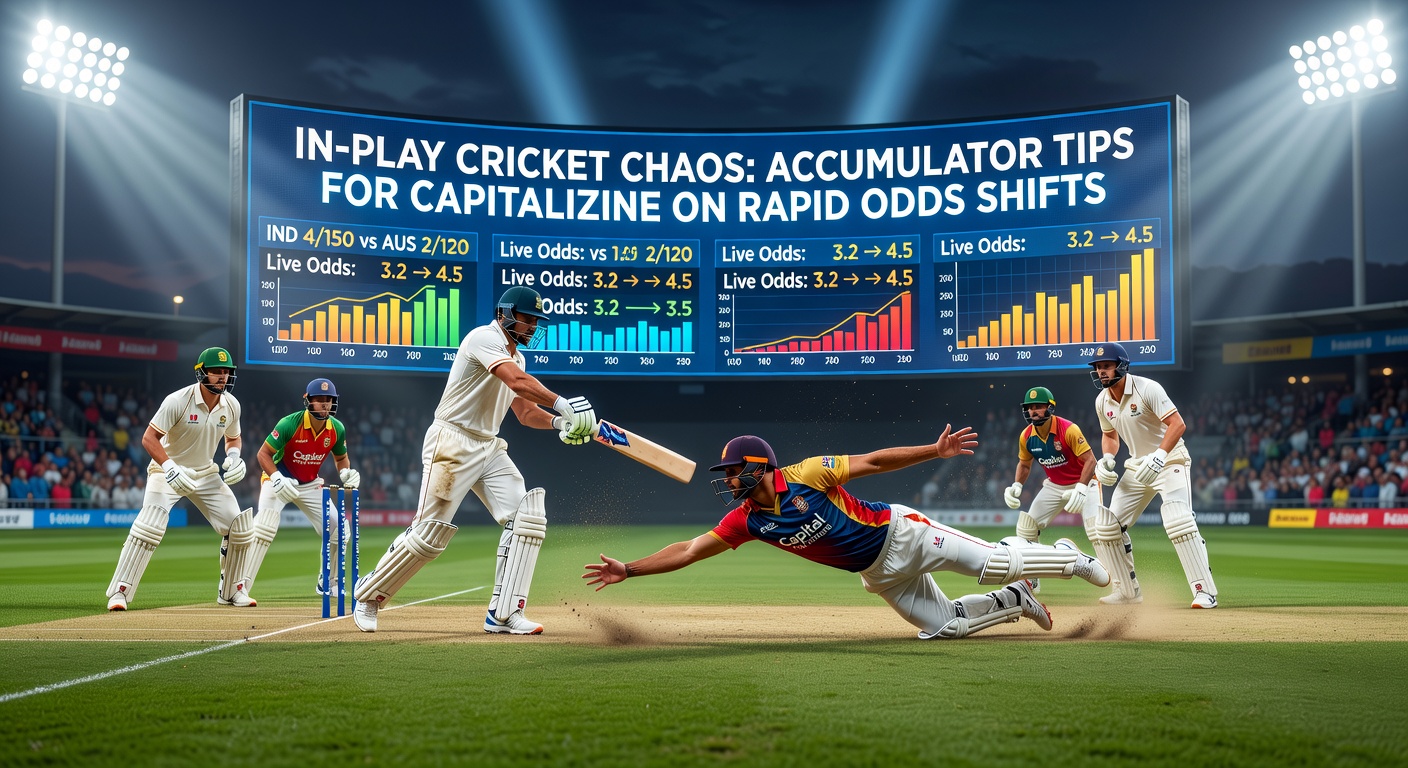 A dynamic cricket match in progress with players celebrating a wicket, highlighting the fast-paced in-play action where odds fluctuate wildly