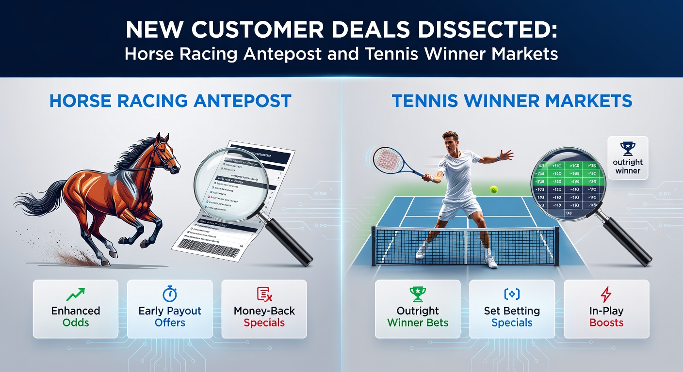 Vibrant scene of horse racing antepost odds boards alongside tennis court action, highlighting new customer promotion opportunities