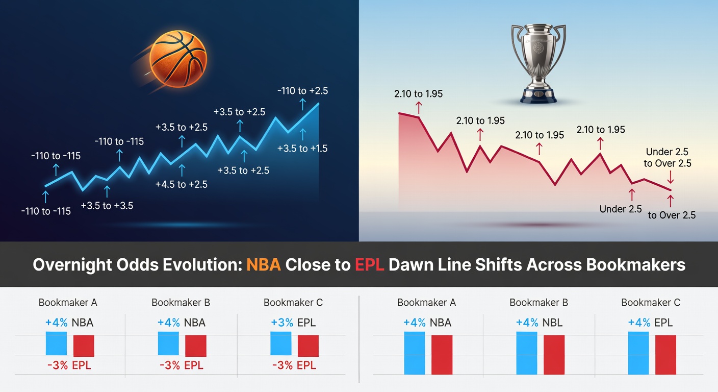 Graph showing overnight odds movements from late NBA games into early EPL lines across multiple bookmakers, highlighting key shift patterns