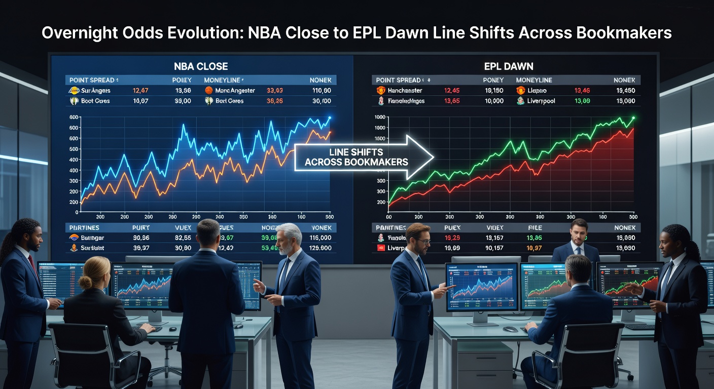 Screenshot of real-time bookmaker odds comparison dashboard displaying NBA close impacts on EPL dawn lines, with arrows marking shifts