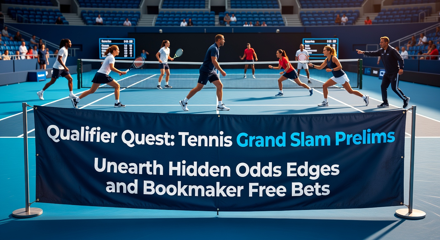 Close-up of a tennis betting slip showing qualifier odds and free bet promotions on a bookmaker app, with Grand Slam branding in the background