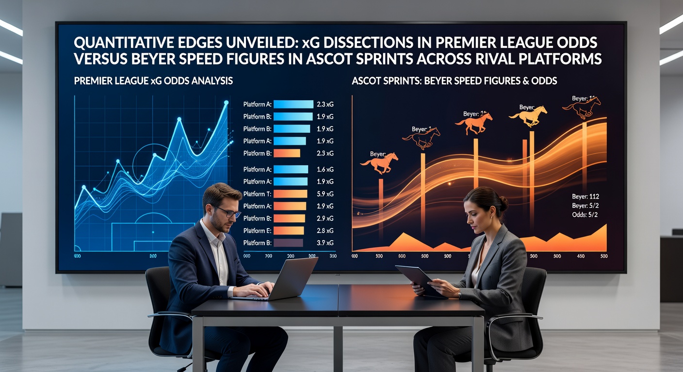 Premier League stadium scene overlaid with xG heatmaps and Ascot racecourse sprint finish line charts comparing bookmaker odds lines