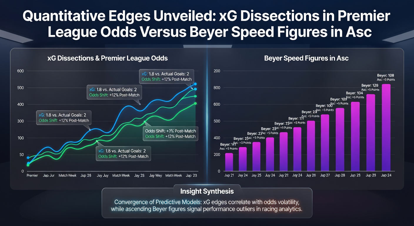 Split-view graphic showing xG probability charts for a Premier League goal attempt beside Beyer Speed Figure trends from an Ascot sprint race, with overlaid bookmaker odds comparisons