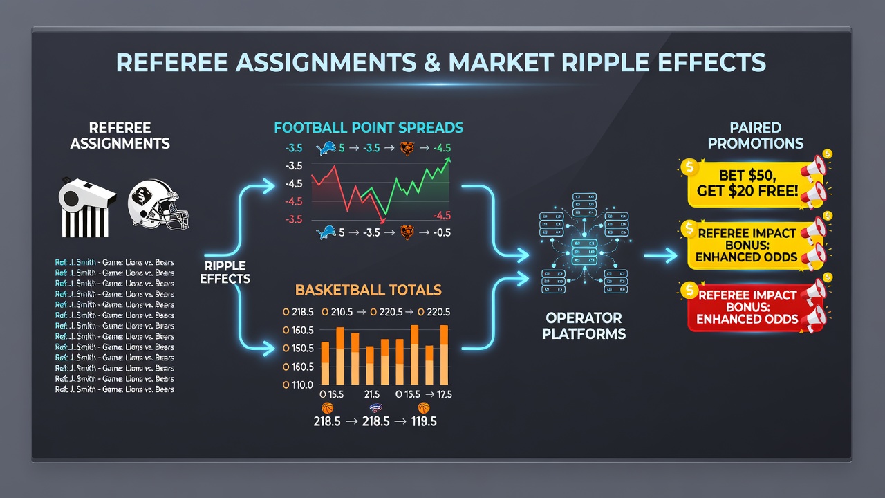 Referee reviewing assignment details alongside betting market data on multiple operator screens
