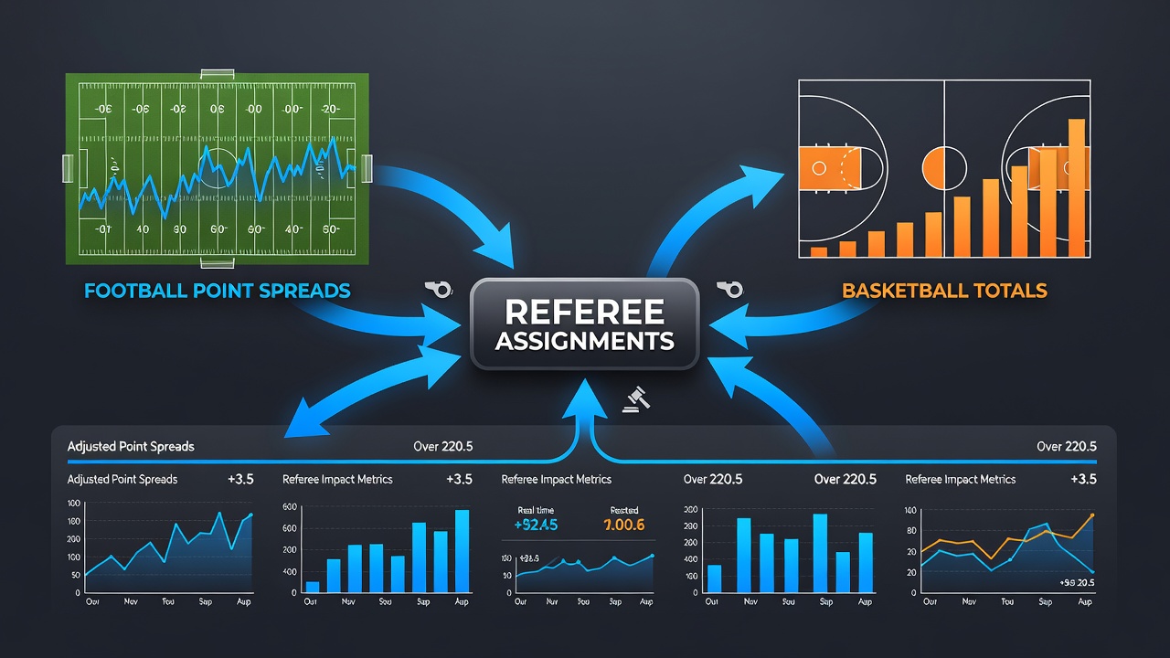 Side-by-side comparison of football and basketball betting interfaces showing adjusted spreads and totals after referee announcements