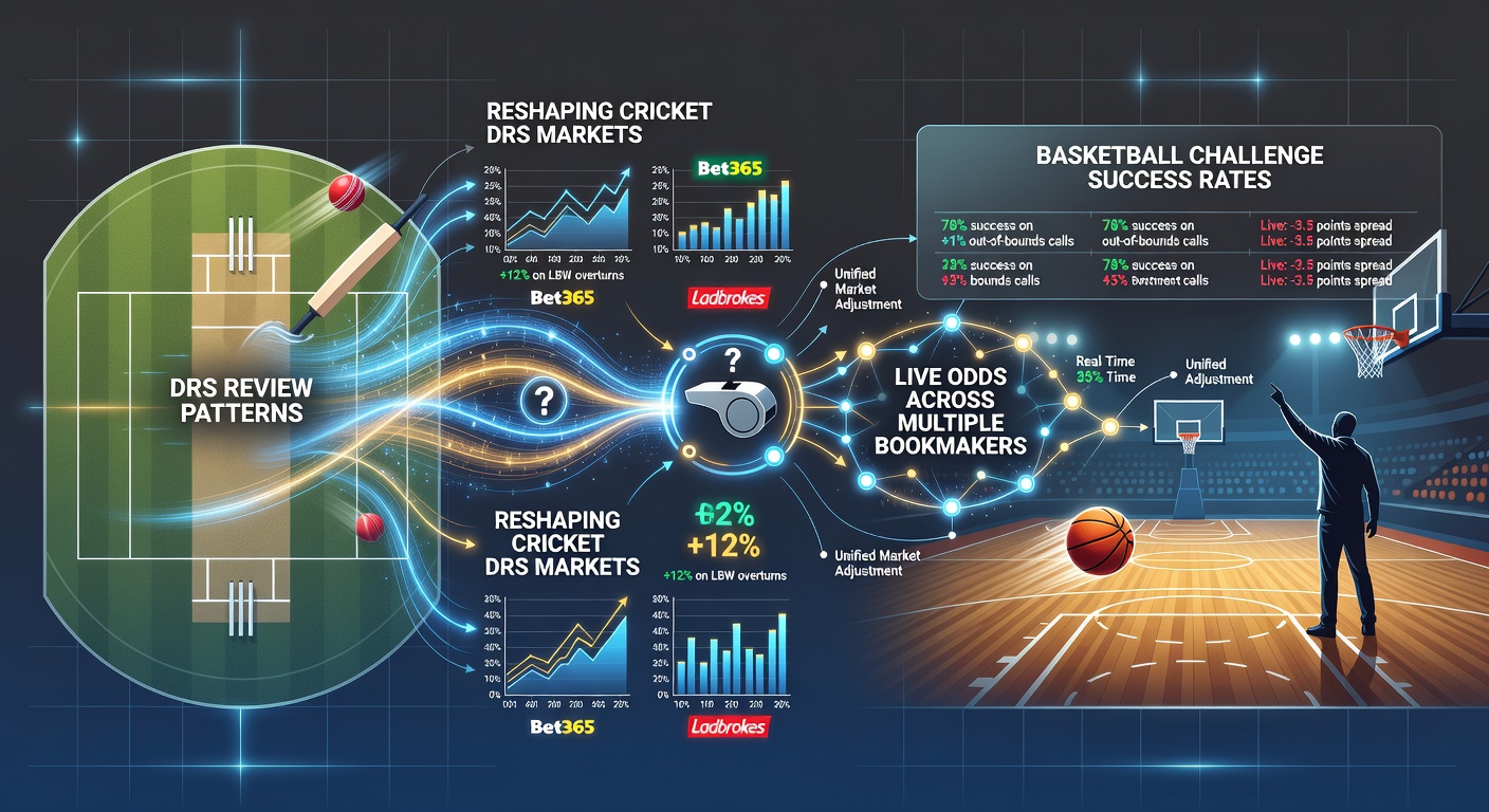 Cricket umpire reviewing DRS decision alongside live betting odds display on bookmaker platforms