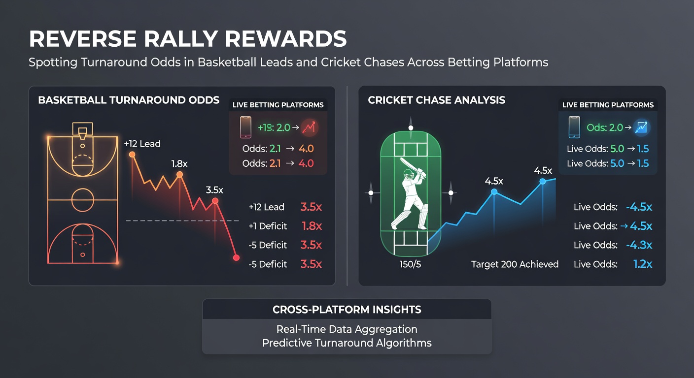 Dramatic basketball comeback with a trailing team rallying late in the game, odds shifting on screens in the background