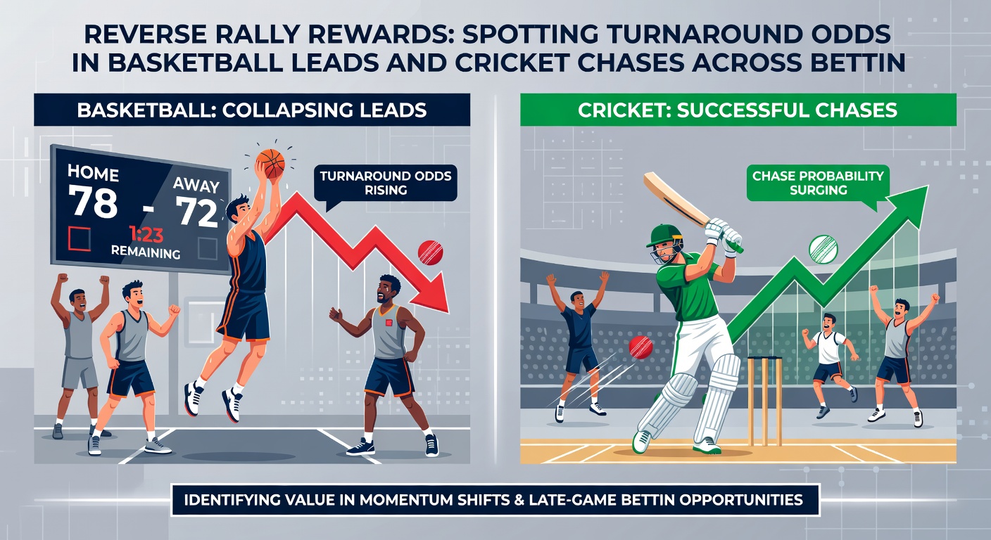 Cricket team in a tense chase, batsman hitting boundaries as scoreboard shows tightening odds on betting apps