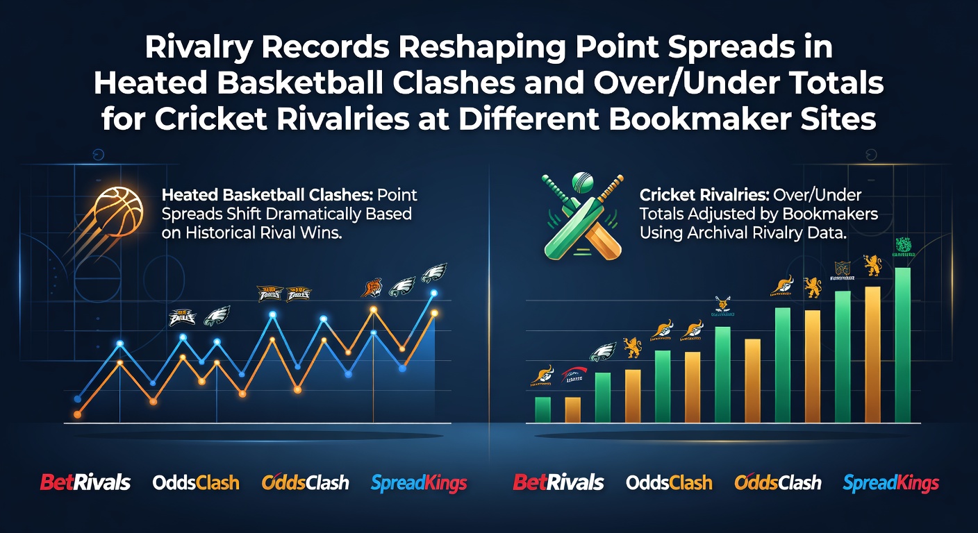 Basketball players in intense rivalry match with point spread odds displayed on screens at bookmaker sites