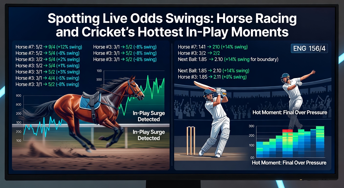 Screenshot of a cricket in-play betting interface showing odds plummeting for a chasing team after a crucial wicket, with match situation overlaid
