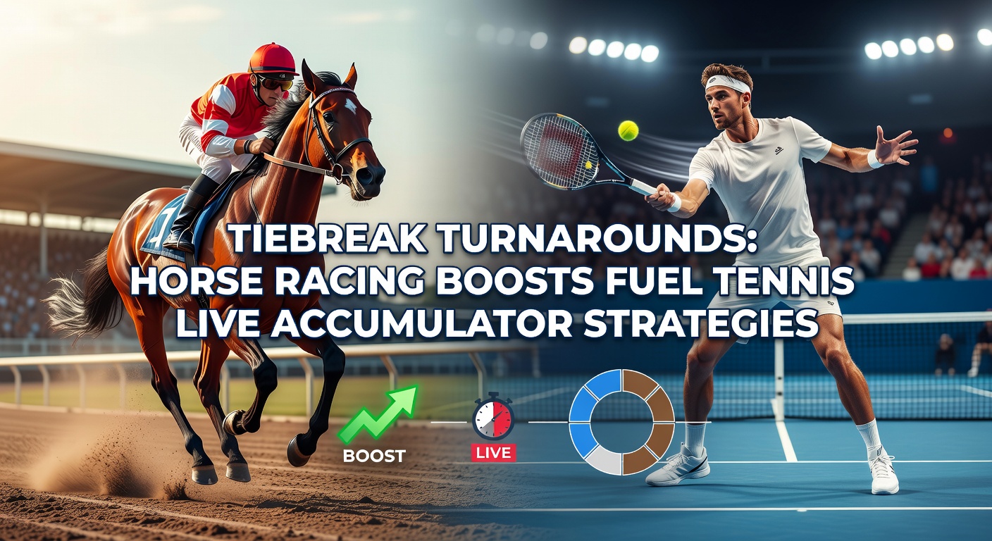 Dynamic tennis tiebreak action with overlaid horse racing odds boosts highlighting accumulator potential