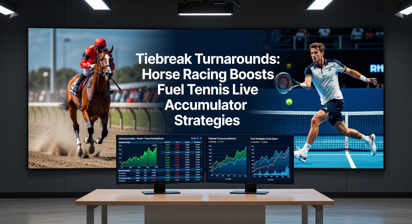 Horse racing starting gate burst synced with tennis tiebreak odds fluctuations on a split-screen betting interface