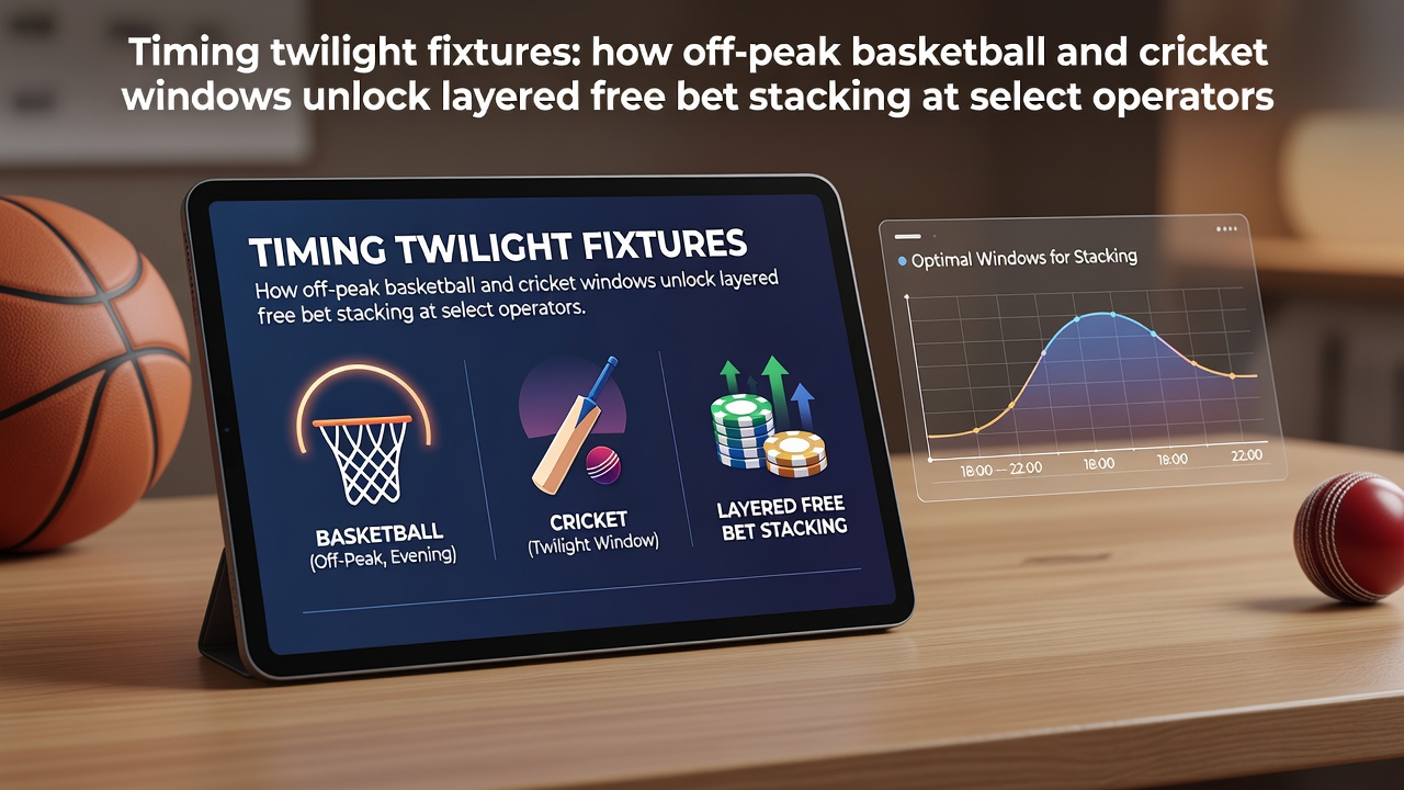 Twilight basketball arena and cricket ground with betting interfaces overlaid showing off-peak fixture timings