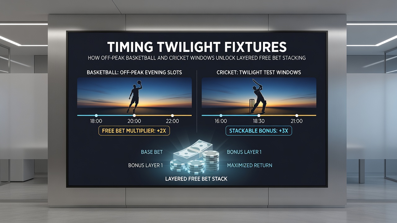 Split screen view of cricket match at dusk and basketball game with promotional timelines and bonus stacking indicators