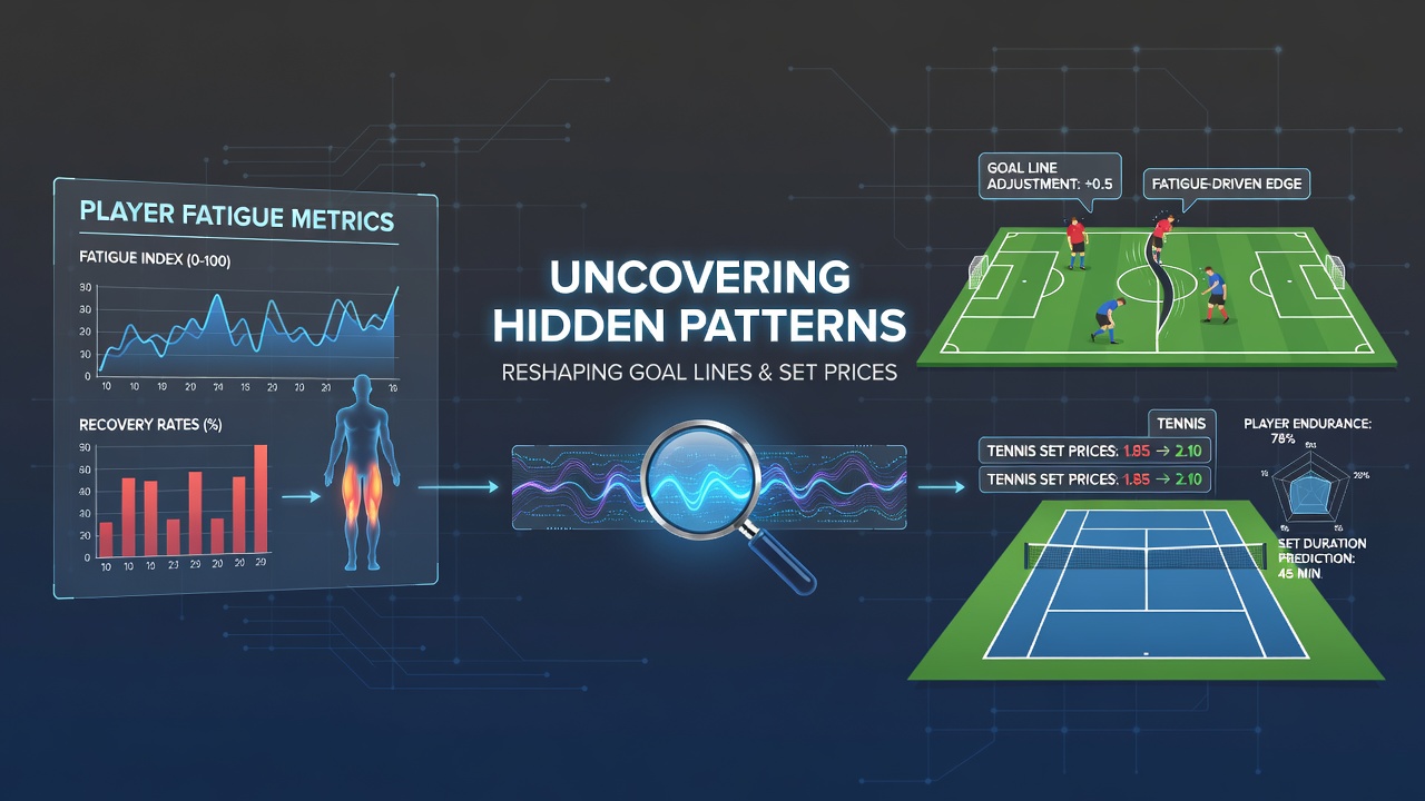 Data visualization showing player fatigue metrics overlaid on football pitch and tennis court diagrams with shifting goal lines and set prices