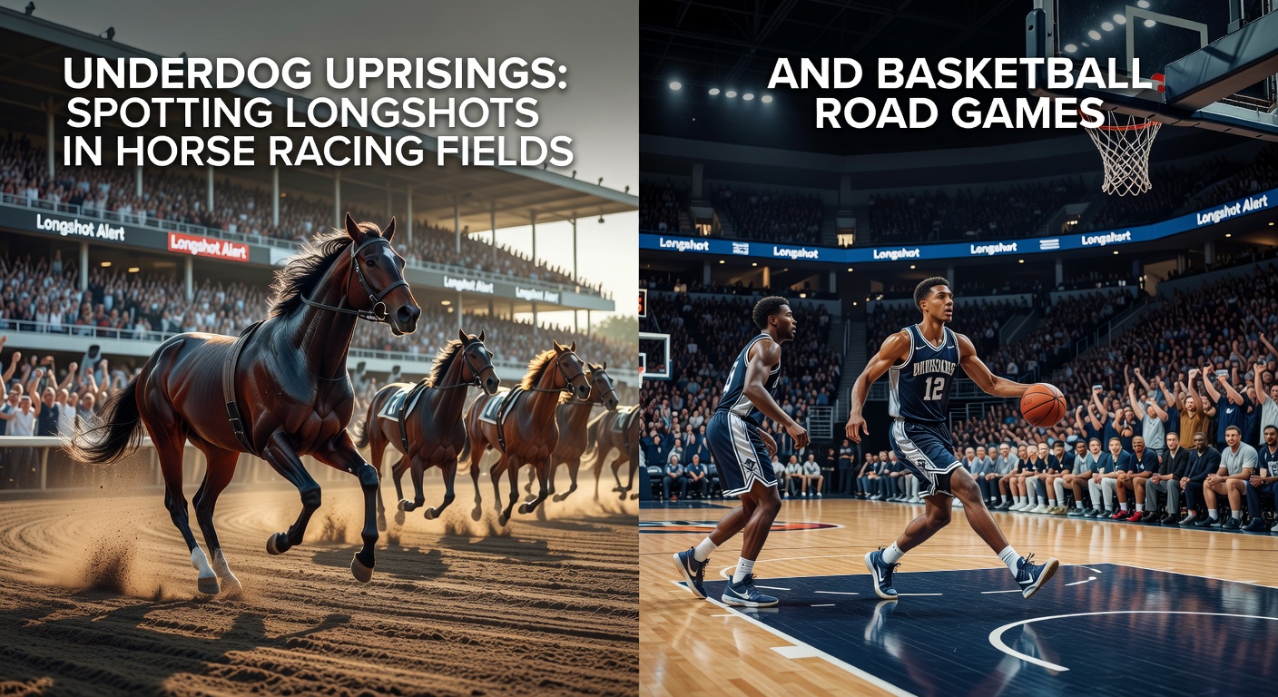 A longshot horse surges ahead in a packed field while a basketball road underdog celebrates a buzzer-beater victory, capturing the thrill of unexpected triumphs
