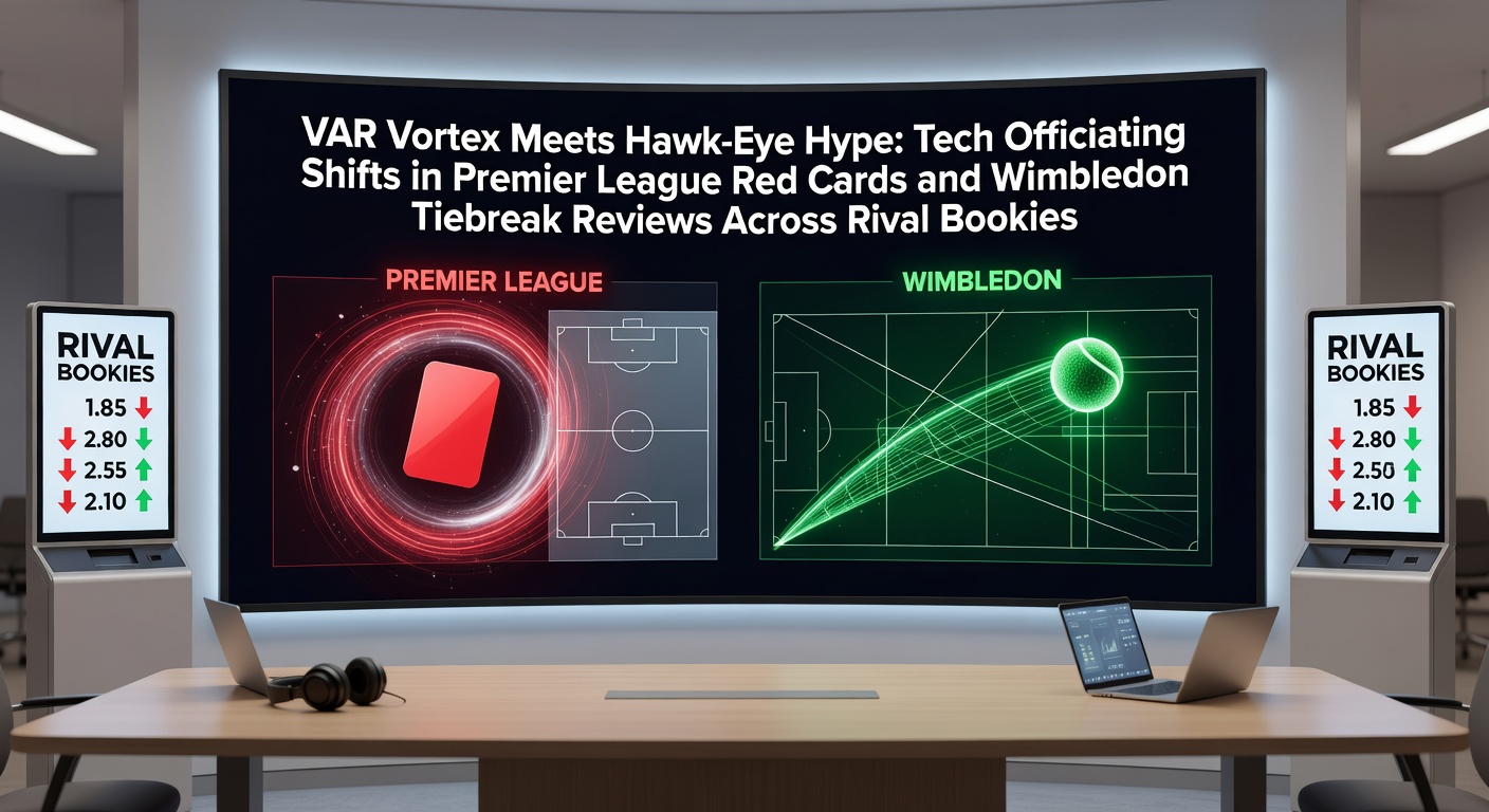 VAR monitor displaying a controversial Premier League red card decision during a tense match, with Hawk-Eye lines overlaying a Wimbledon tiebreak point