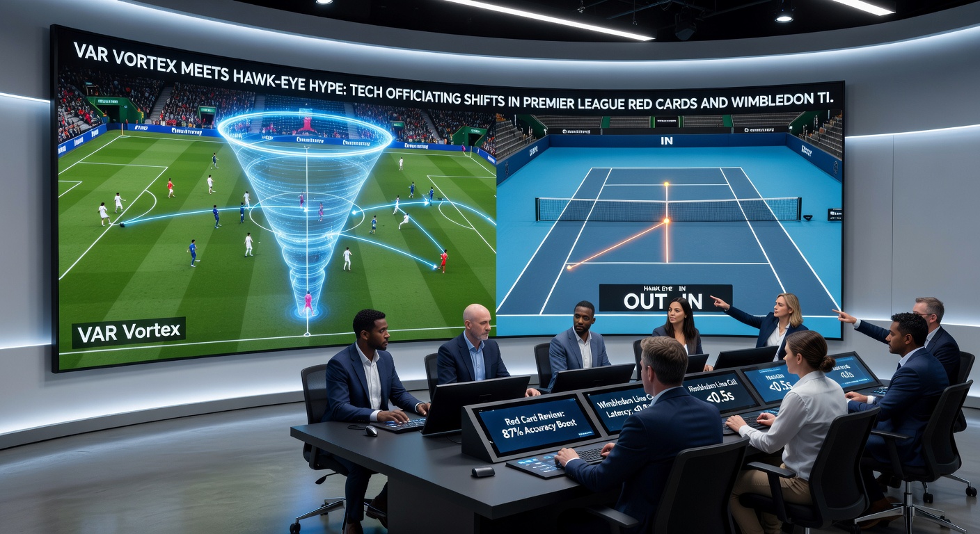 Hawk-Eye replay on Wimbledon's Centre Court showing precise ball tracking during a dramatic tiebreak, contrasted with a Premier League VAR bunker review screen