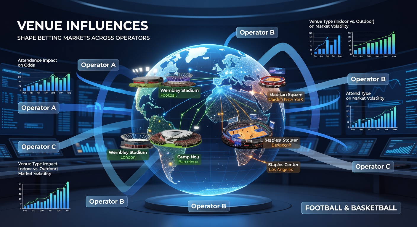 Stadium and arena exteriors highlighting venue-specific factors in football and basketball betting markets