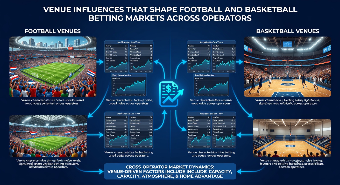 Interior views of football stadium and basketball arena showing crowd and environmental influences on betting lines