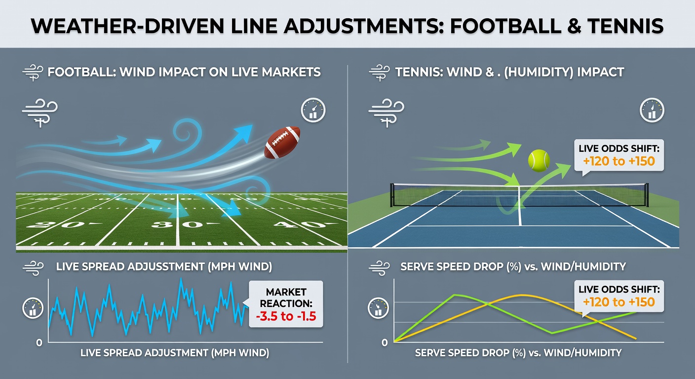 Tennis player adjusting serve during windy match with live betting odds updating on screens