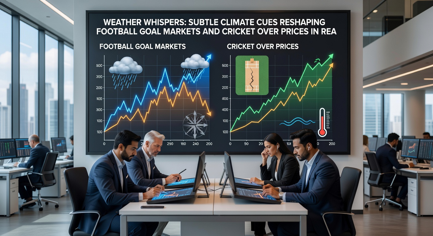 Cricket ground with visible weather sensors and live over market odds board