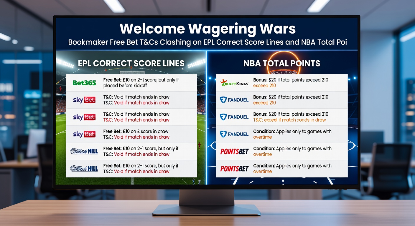 Screenshot comparison of bookmaker free bet terms overlaid on NBA total points odds for a playoff game and EPL correct score board