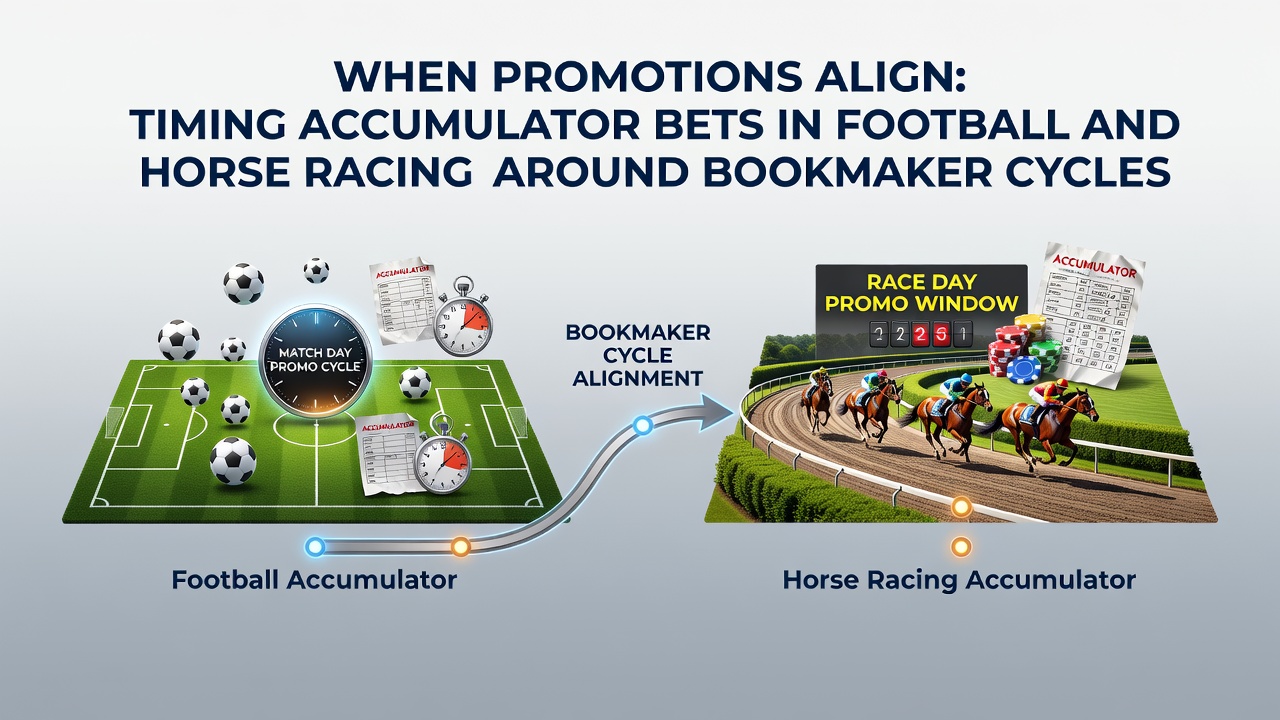 Bookmaker promotional cycle charts showing accumulator offers for football and horse racing markets