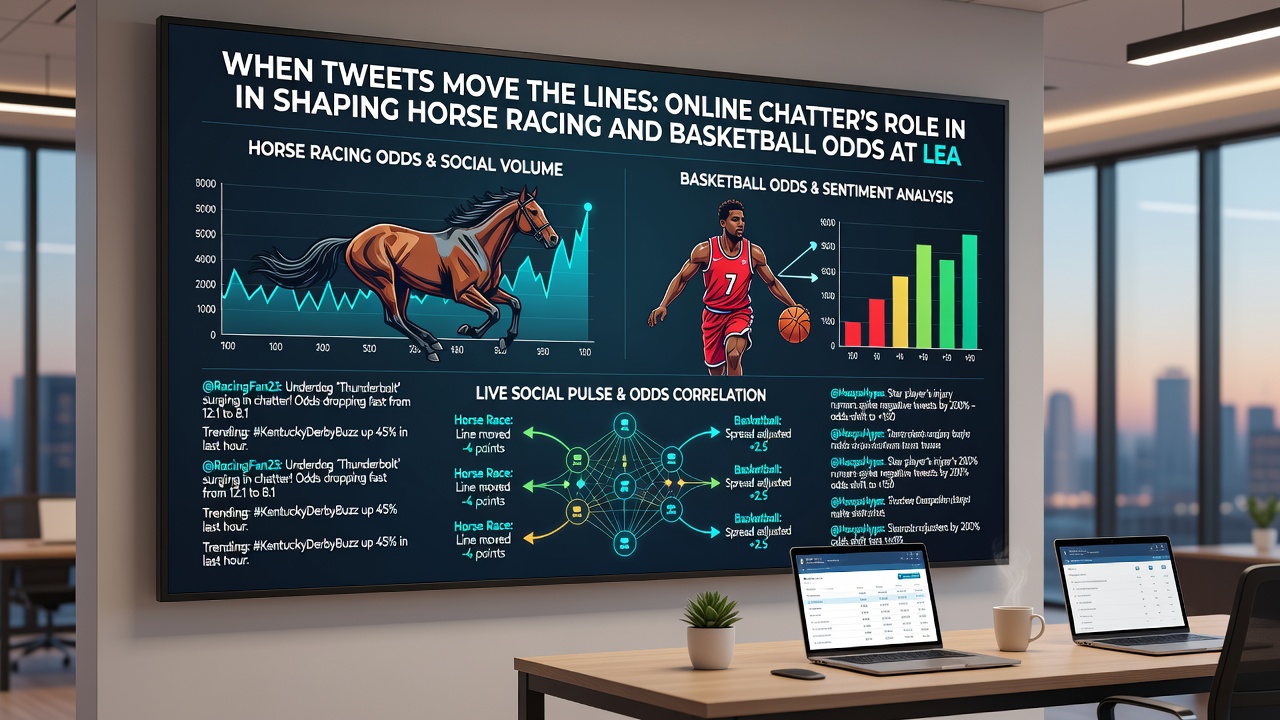 Analysts reviewing real-time social media feeds alongside betting terminals for horse racing and basketball