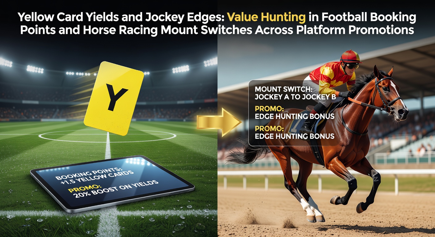 A football referee brandishing a yellow card during a tense match, overlaid with a jockey switching mounts at the paddock in a bustling horse racing event